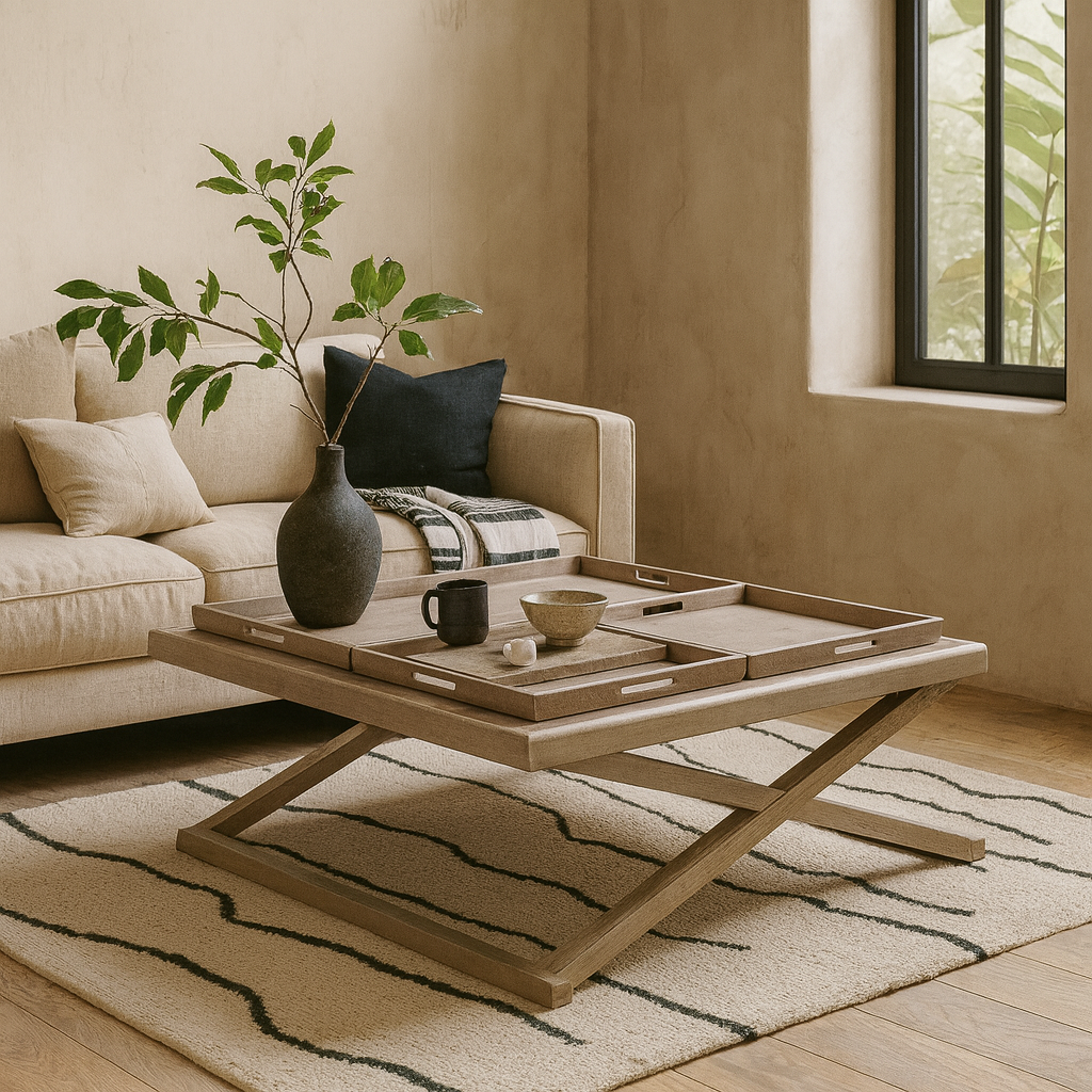 Arezzo Grey Aged Oak Cross Frame Tray Coffee Table