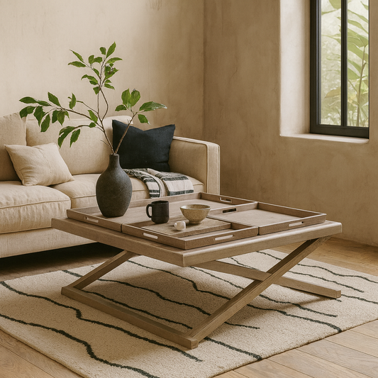 Arezzo Grey Aged Oak Cross Frame Tray Coffee Table