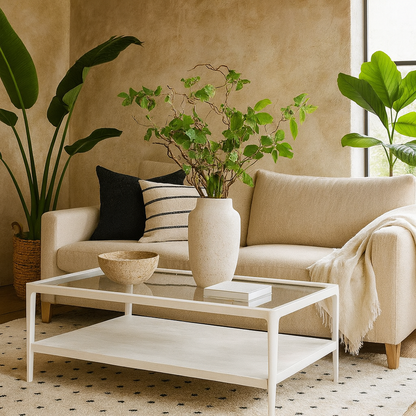 San Senastian White Wood and Glass Top Coffee Table with Bottom Shelf