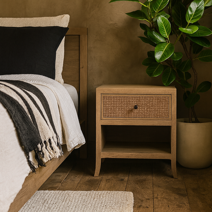 Argentina Natural Oak and Rattan One Drawer Bedside Table