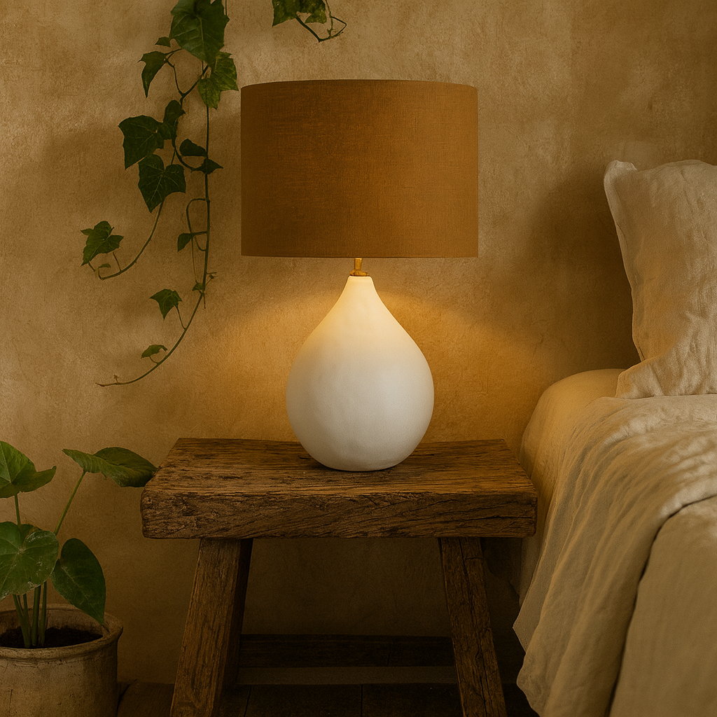 Long Island Small Round White Bamboo Table Lamp with Ochre Shade