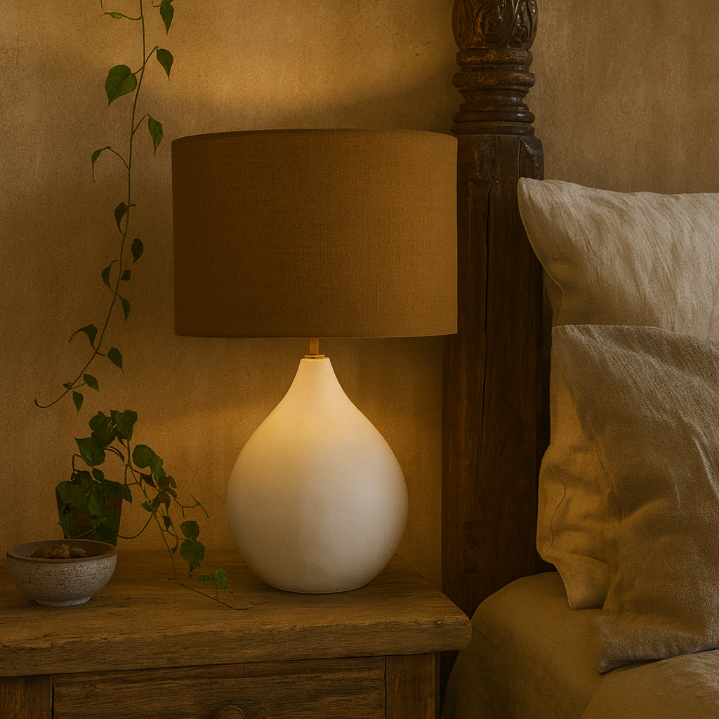 Long Island Small Round White Bamboo Table Lamp with Ochre Shade