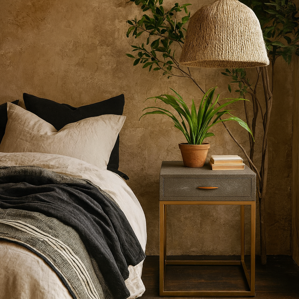 Mandalo Taupe Shagreen and Brass One Drawer Side Table