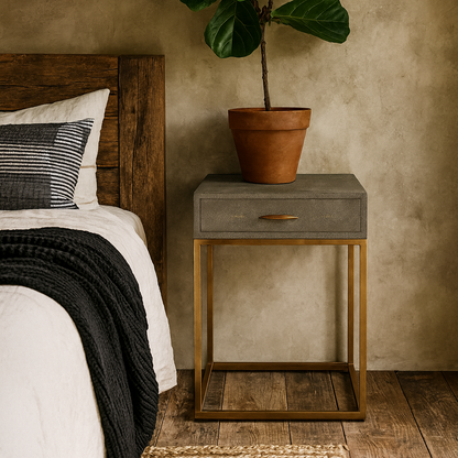 Mandalo Taupe Shagreen and Brass One Drawer Side Table