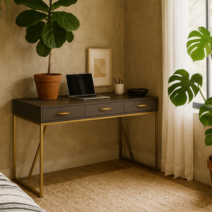 Fortaleza Brown Shagreen and Brass Two Drawer Desk