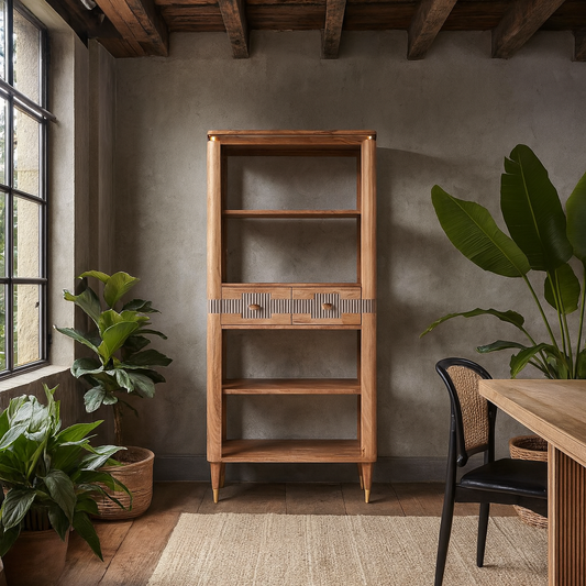 Idaho Natural Acacia Wood and Brass Display Cabinet with 2 Drawers