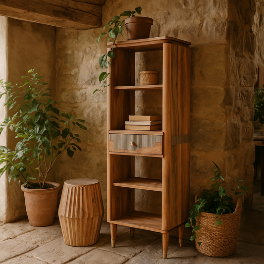 Idaho Acacia Mango Wood and Brass Slim Bookcase with 1 Drawer