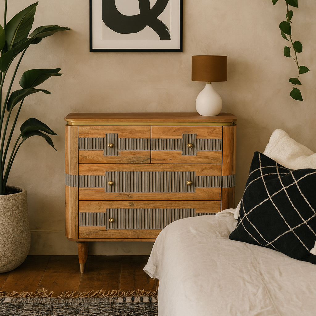 Idaho Natural Acacia Wood and Brass Display Unit with One Drawer