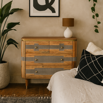 Idaho Natural Acacia Wood and Brass Display Unit with One Drawer