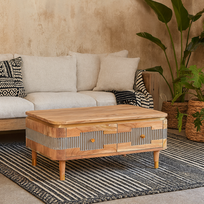 Idaho Natural Acacia Wood and Brass Coffee Table with 2 Drawers