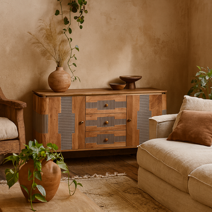 Idaho Natural Acacia Wood and Brass Sideboard with 3 Drawers and 2 Doors