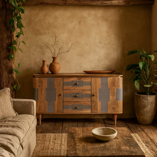 Idaho Natural Acacia Wood and Brass Sideboard with 3 Drawers and 2 Doors