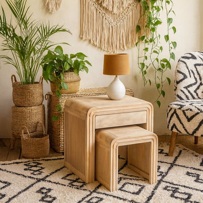 Set of 2 Arizona Carved Mango Wood Nesting Tables with Drawer