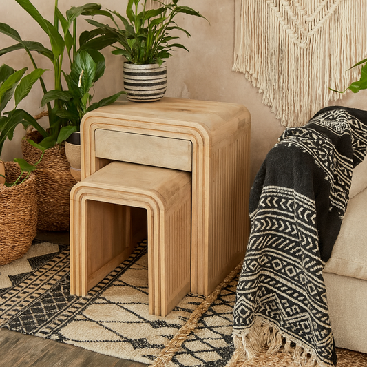 Set of 2 Arizona Carved Mango Wood Nesting Tables with Drawer