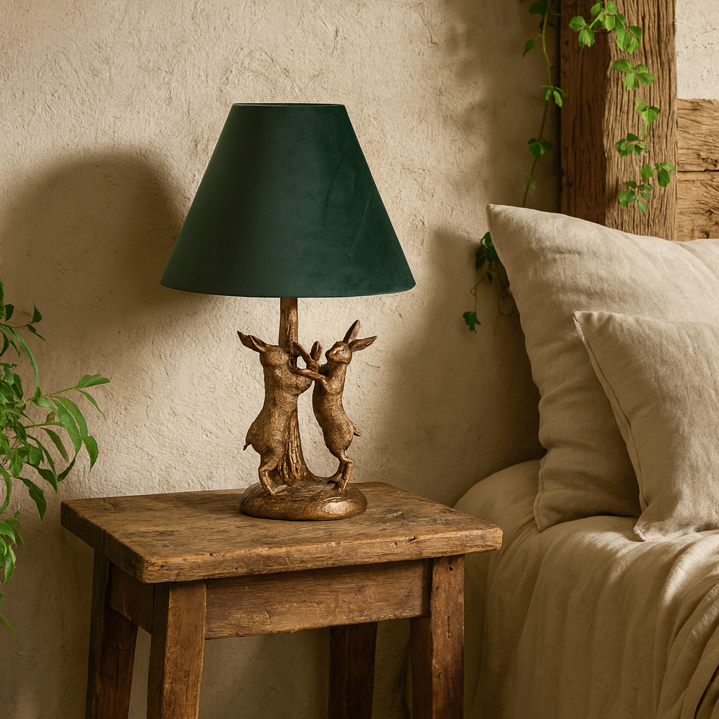 Sault Antique Gold Marching Hares Lamp With Green Velvet Shade