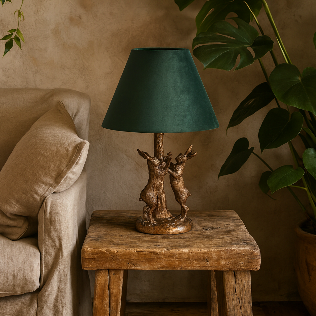 Sault Antique Gold Marching Hares Lamp With Green Velvet Shade