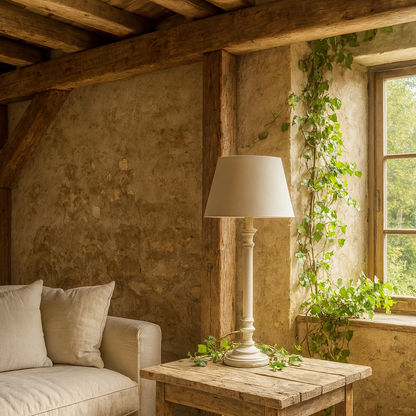 Baronnies Cream Wooden Pedestal Table Lamp with Tapered Shade