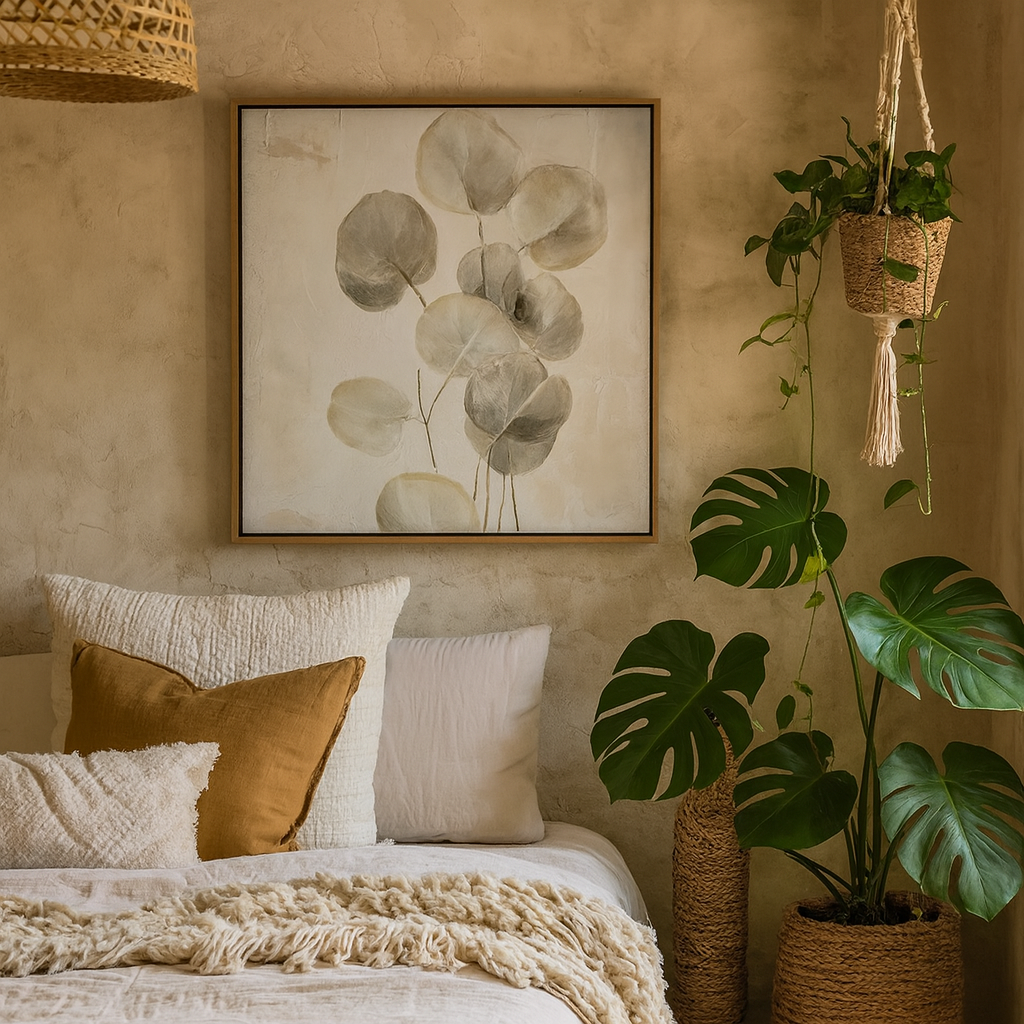 Halki Square Hand Painted Eucalyptus Leaves Canvas In Frame