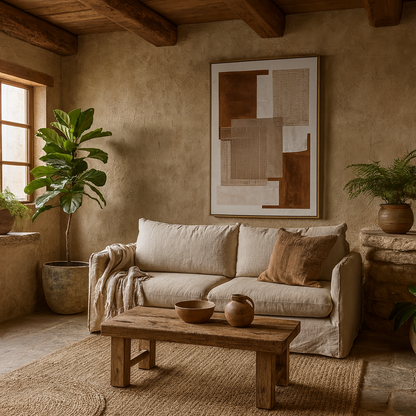 Arachova Brown Patchwork Hand Painted Canvas In Frame