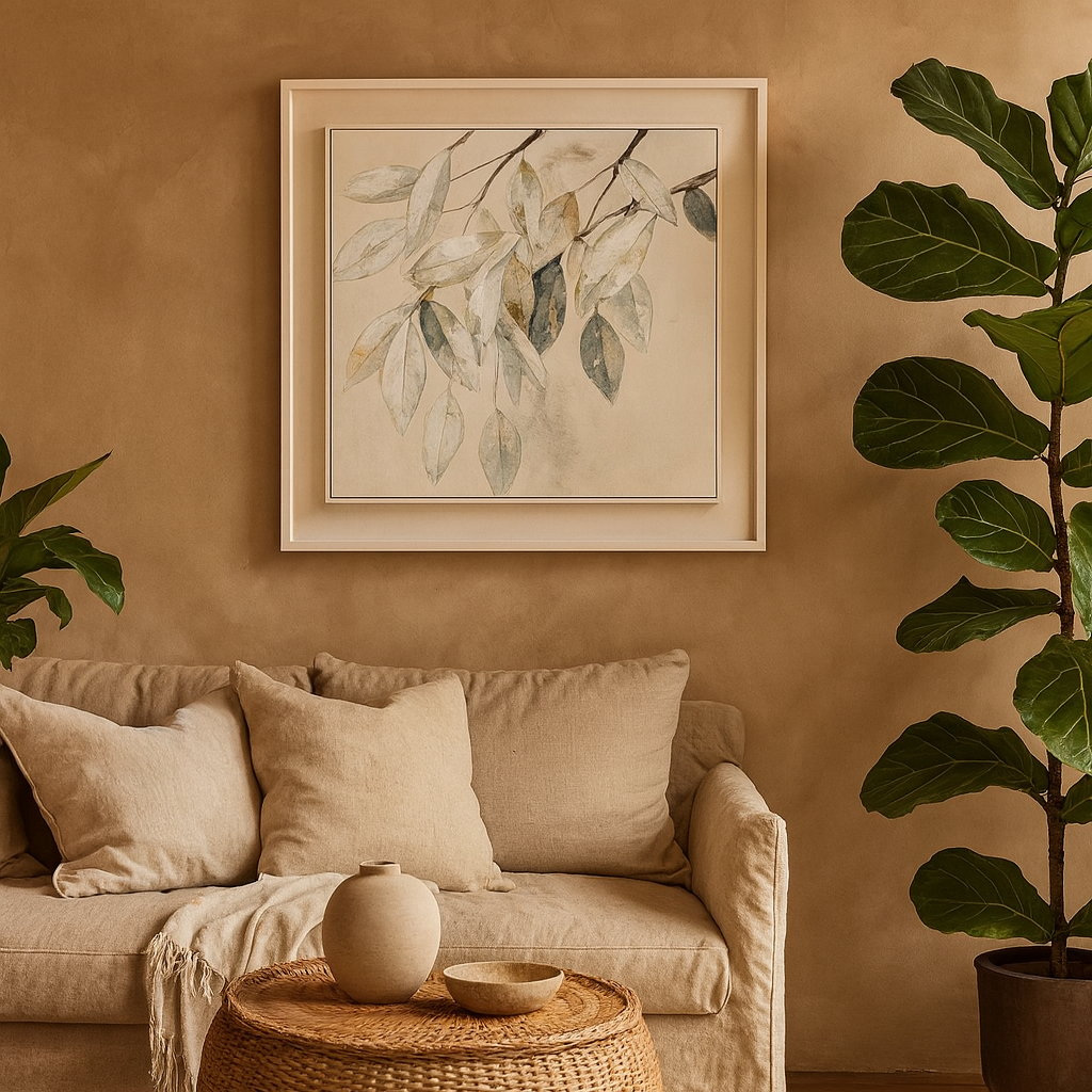 Gacilly Scandi Downward Leaf Framed Painting On Canvas