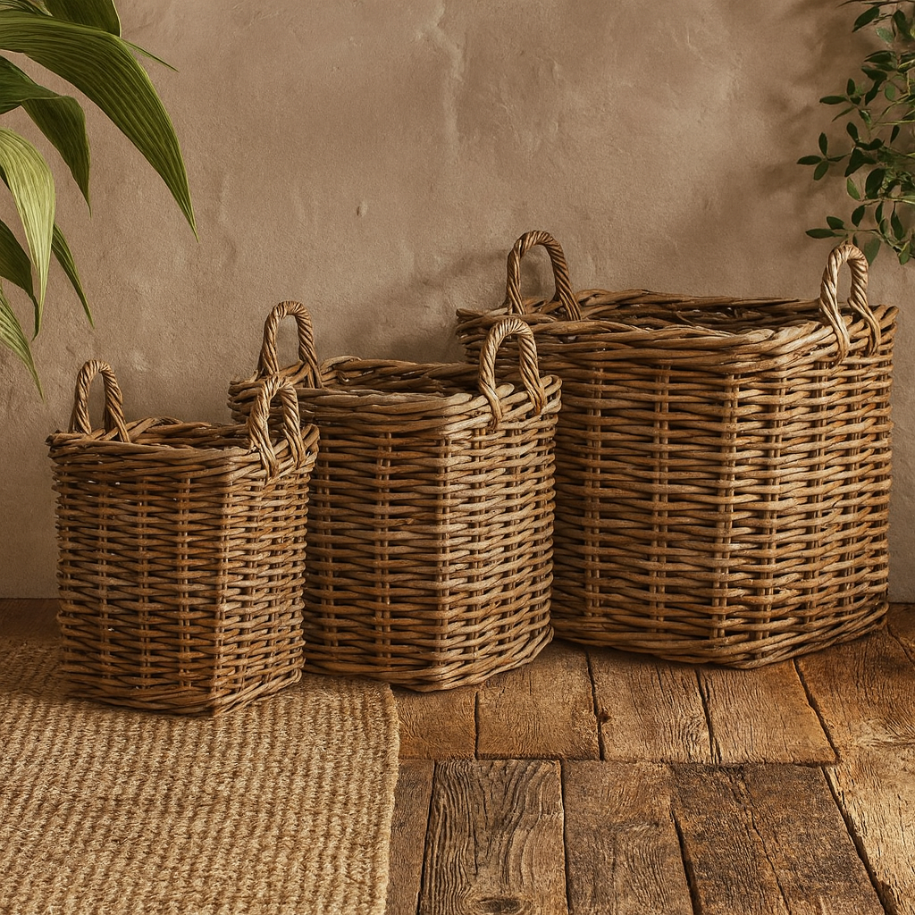 Set of 3 Nesting Kubu Rattan Square Storage Baskets with Handles