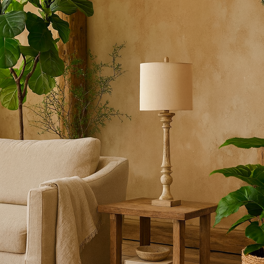 Thornvale Candlestick Wooden Tall Table Lamp With Linen Shade