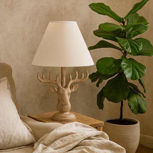 Whisperfern Stonewashed Stag Head Table Lamp With Linen Shade