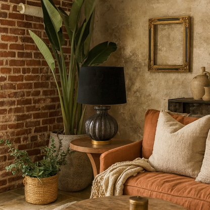 Fernforge Grey Glass Fluted Table Lamp With Black Velvet Shade