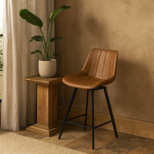 Brescia Vintage Upholstered Tan Faux Leather Swivel Bar Stool with Black Metal Legs