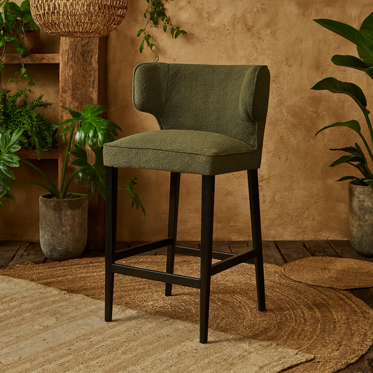 Modena Modern Green Upholstered Bar Stool with Wooden Legs