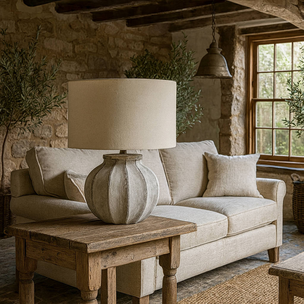 Bari Antique Grey Stone Effect Table Lamp with Natural Linen Shade