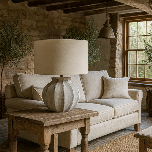 Bari Antique Grey Stone Effect Table Lamp with Natural Linen Shade