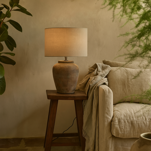 Padua Rustic Brown Ceramic Table Lamp Distressed Finish Neutral Fabric Shade