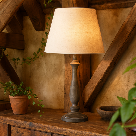 Naples Farmhouse Rustic Grey Wooden Table Lamp with Cream Linen Shade