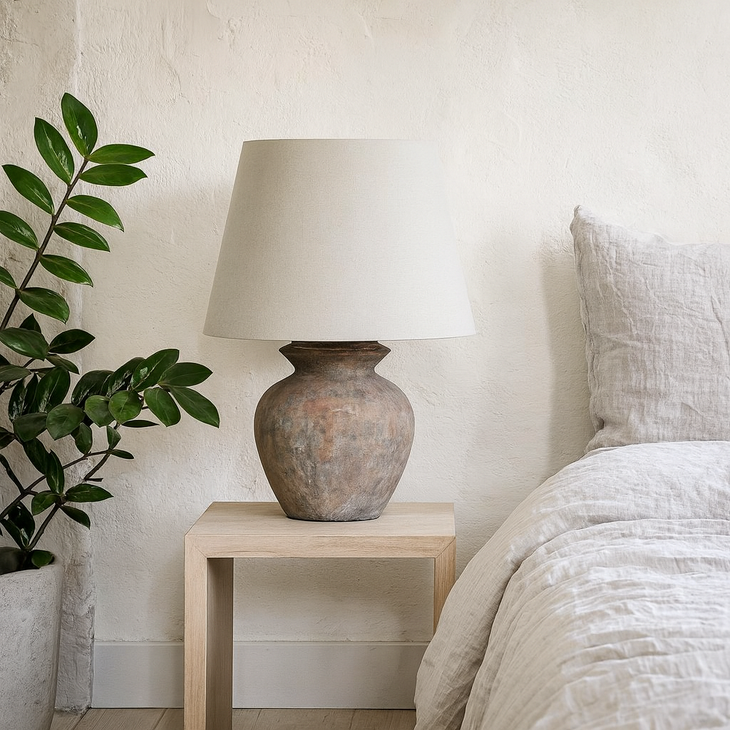 Padua Rustic Brown Ceramic Round Table Lamp Distressed Finish Neutral Fabric Shade