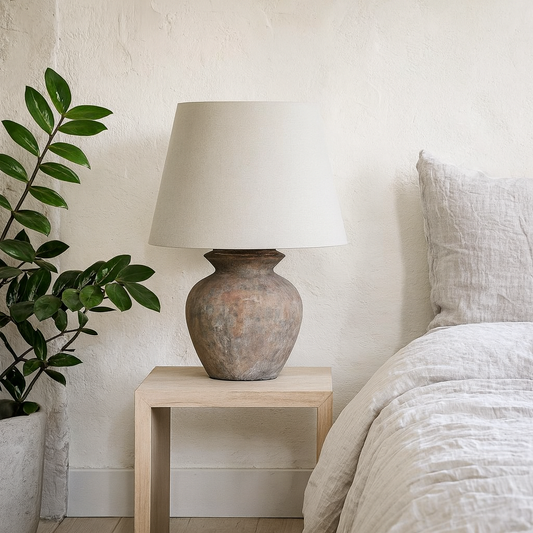 Padua Rustic Brown Ceramic Round Table Lamp Distressed Finish Neutral Fabric Shade