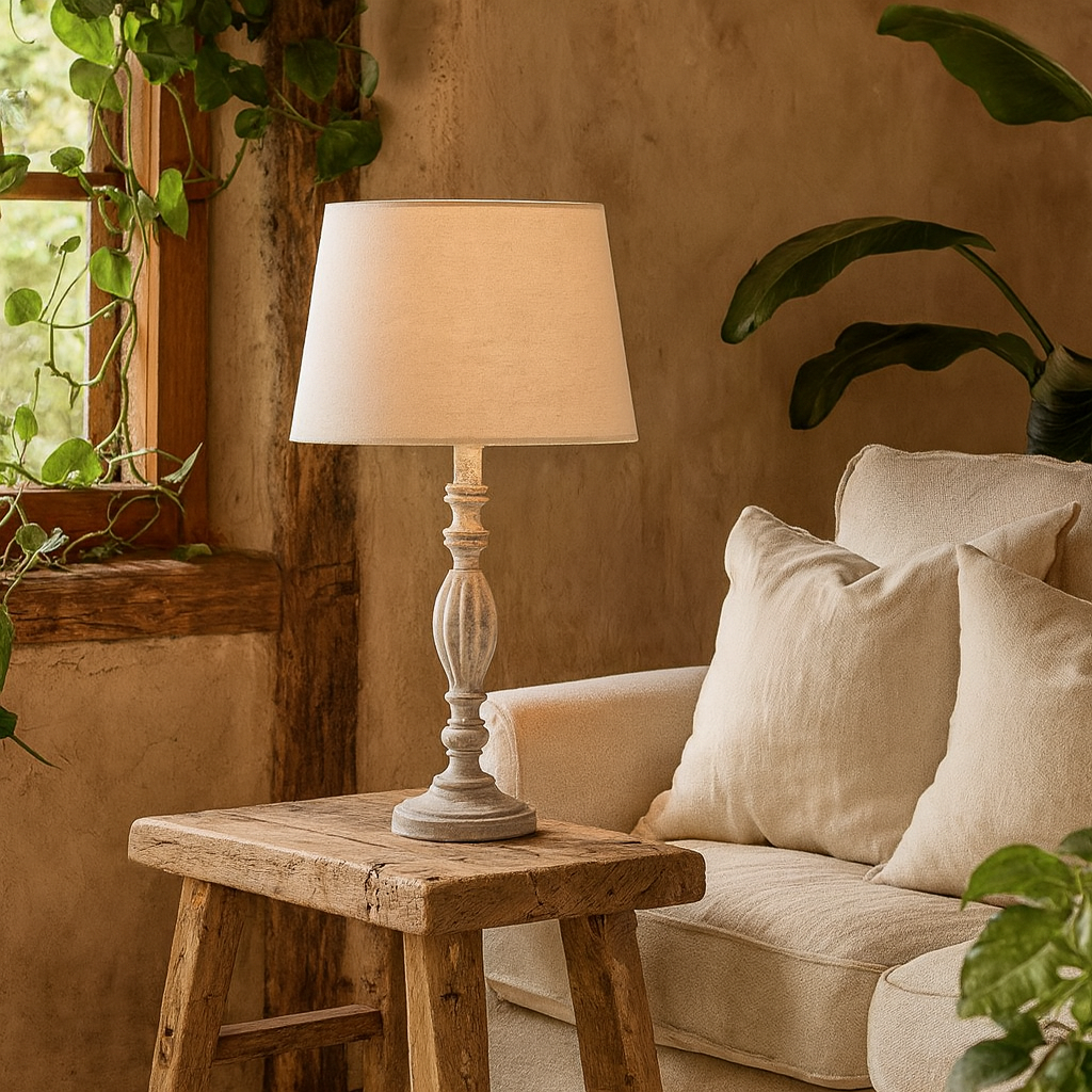 Milan Distressed Grey Farmhouse Carved Wooden Table Lamp with Cream Linen Shade