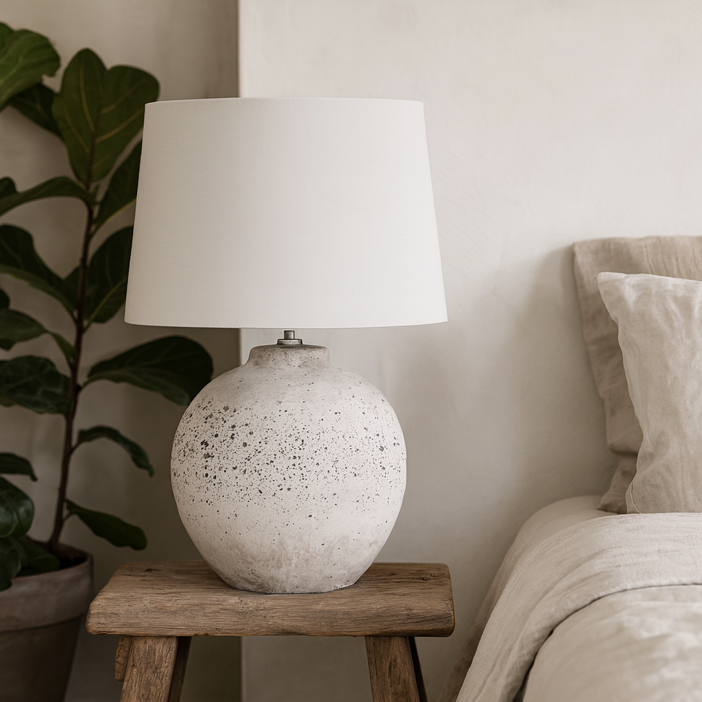 Verona Large Grey Stone Speckled Ceramic Lamp with Round Base and Fabric Shade