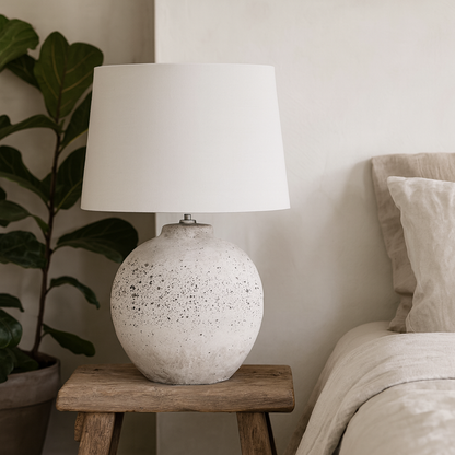 Verona Large Grey Stone Speckled Ceramic Lamp with Round Base and Fabric Shade