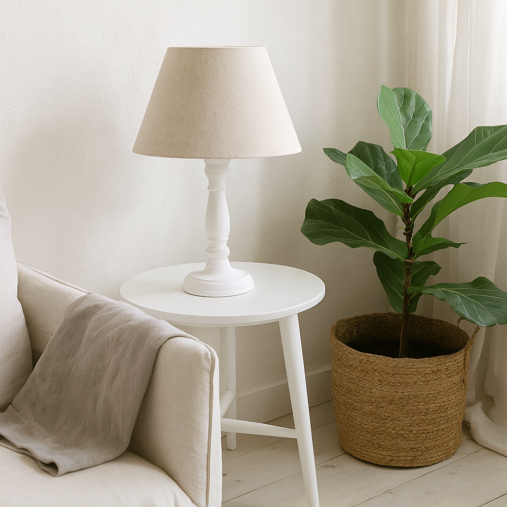 Rome White Washed Wooden Table Lamp with Natural Linen Shade