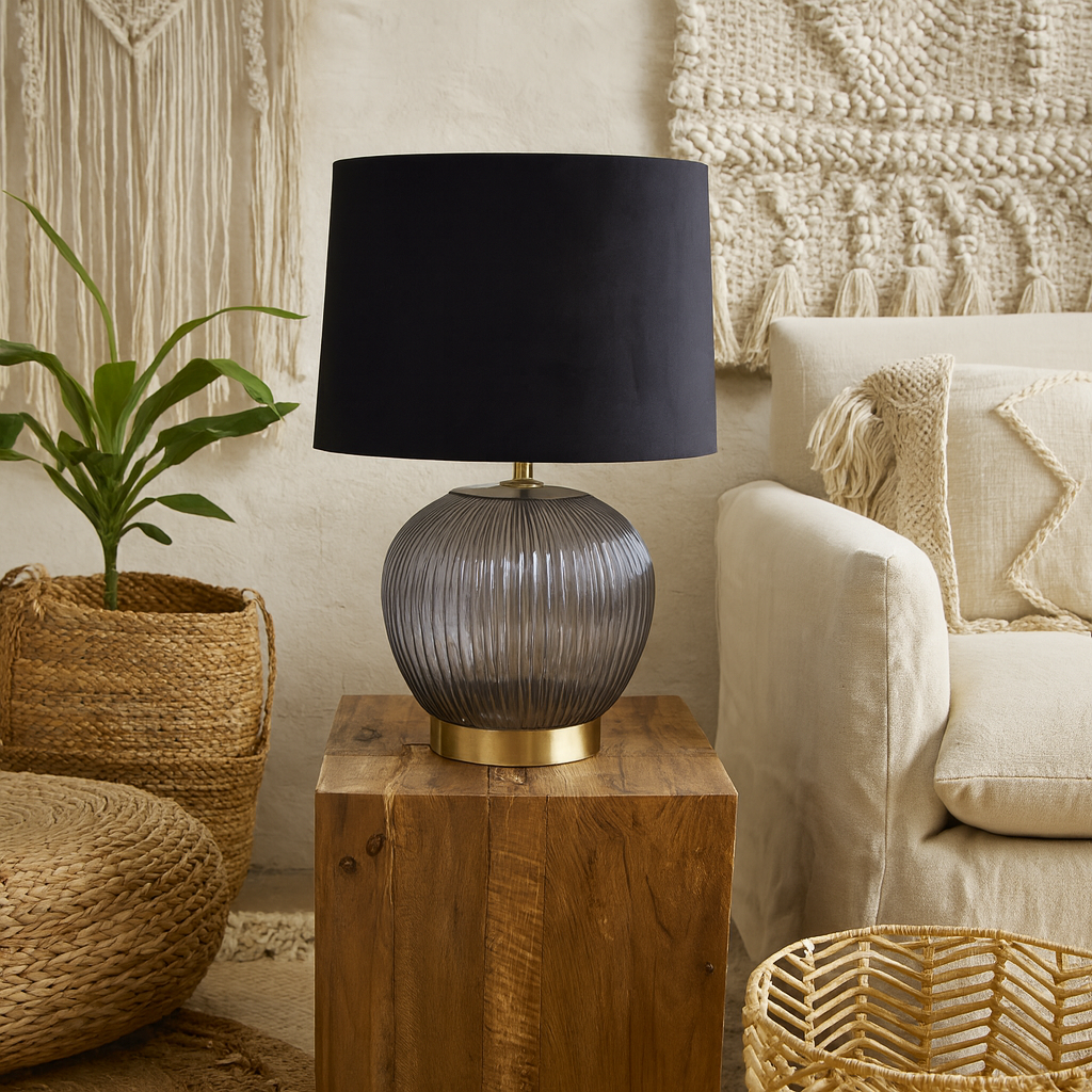 Fernforge Grey Ribbed Glass Table Lamp With Black Velvet Shade