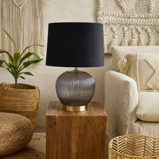 Fernforge Grey Ribbed Glass Table Lamp With Black Velvet Shade