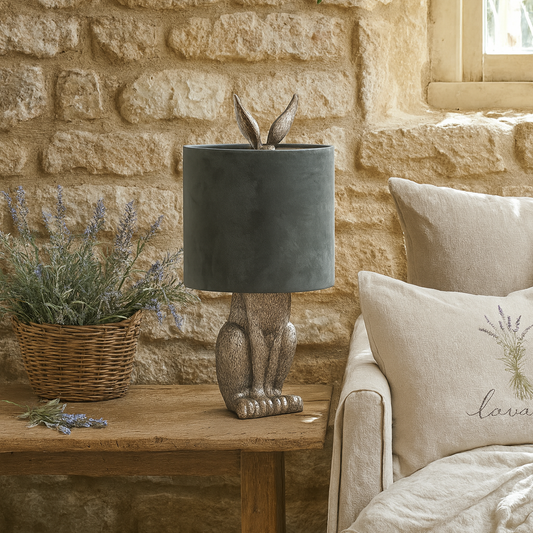 Decorative lamp on a wooden table with a stone wall and sofa in the background