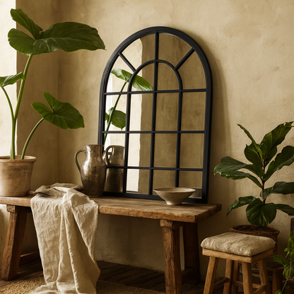 Large Black Industrial Arched Wooden Windowpane Mirror