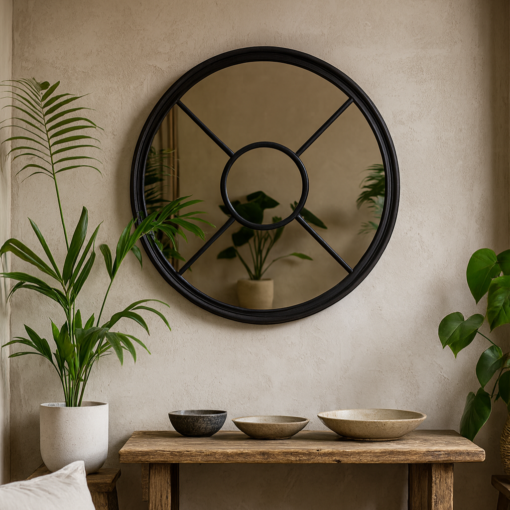 Large Black Industrial Round Wooden Windowpane Mirror