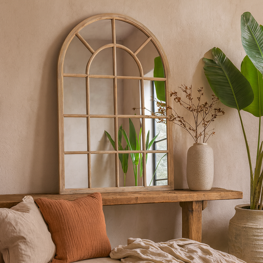 Large Natural Industrial Arched Wooden Windowpane Mirror