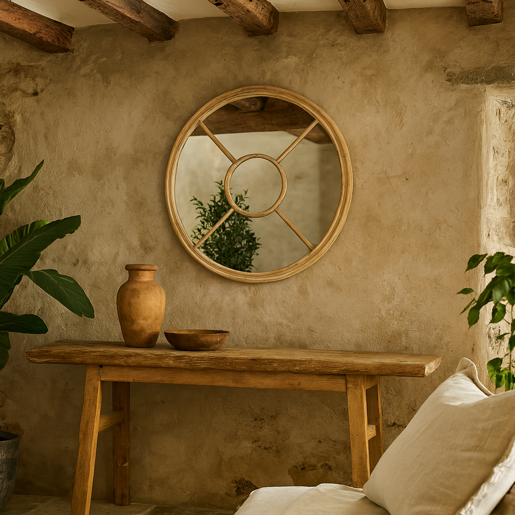 Large Natural Industrial Round Wooden Windowpane Mirror