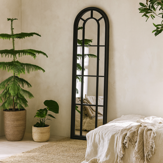 Slim Tall Black Wood Arched Panel Window Mirror