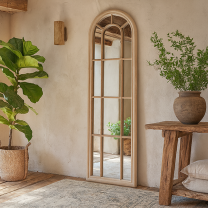 Slim Tall Natural Wood Arched Panel Window Mirror