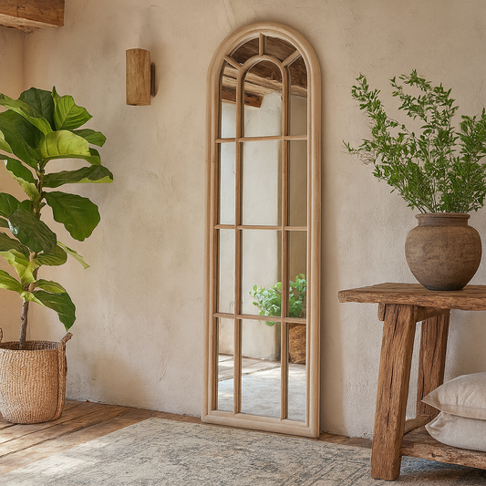 Slim Tall Natural Wood Arched Panel Window Mirror